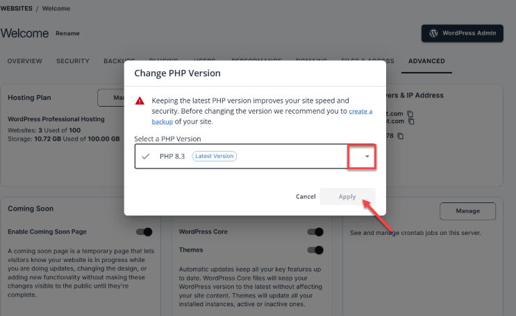 Settings tab and Change PHP version button