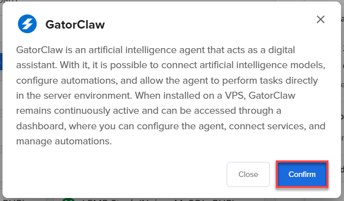 Self-Managed VPS - Application tab - GatorClaw pop-up